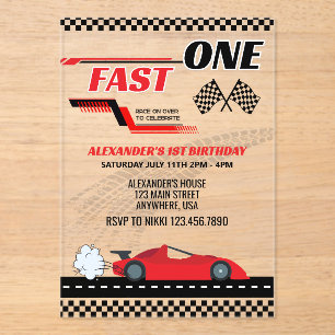 Fast one red race car kids birthday  acrylic invitations