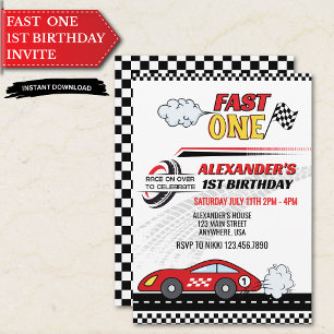 Fast one red race car kids birthday  invitation