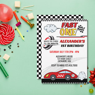 Fast one red race car kids birthday  invitation