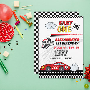 Fast one red race car kids birthday invitation