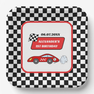 Fast one red race car racing boy 1st birthday paper plate