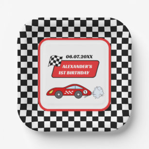 Fast one red race car racing boy 1st birthday  paper plate