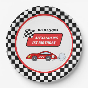 Fast one red race car racing boy 1st birthday paper plate