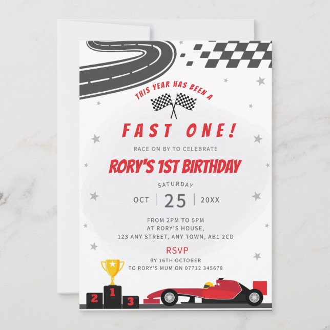 Fast One Red Racing Car 1st Birthday Party Invite (Front)