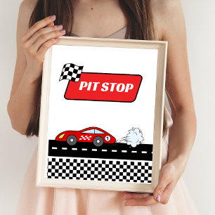 Fast one red retro race car boy birthday pit stop poster