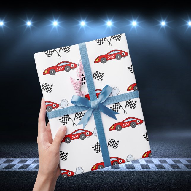 Fast one red retro race car chequered flags racing wrapping paper (Creator Uploaded)