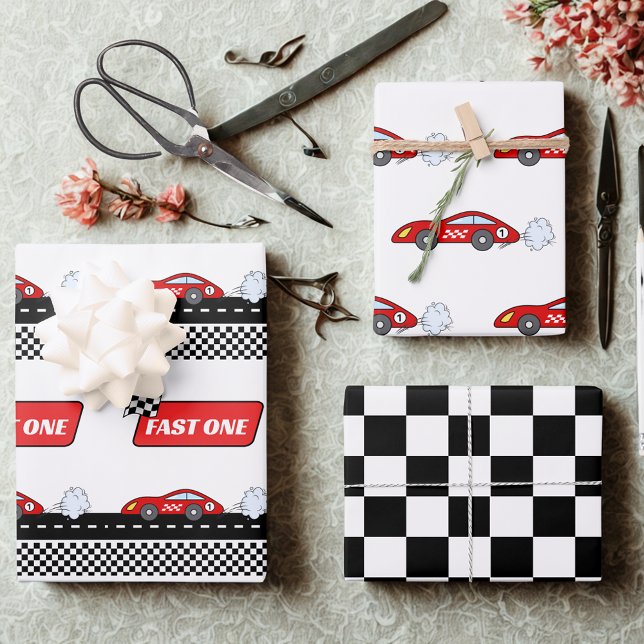 Fast one red retro race car racing theme birthday  wrapping paper sheet (Creator Uploaded)