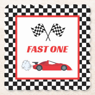Fast one red retro race car theme boy's birthday paper coaster