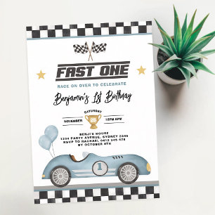 Fast One Retro Blue Race Car Boy 1st Birthday Invitation