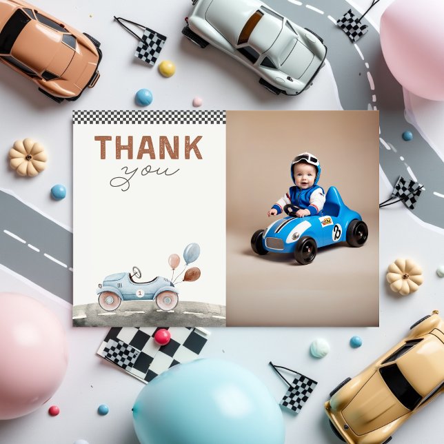 Fast One Two Race Car Birthday Photo Thank You Card (Thank you card Fast One Two Fast Birthday Photo)