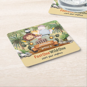 Fast One Wild One Safari Animals Car 1st Birthday Square Paper Coaster