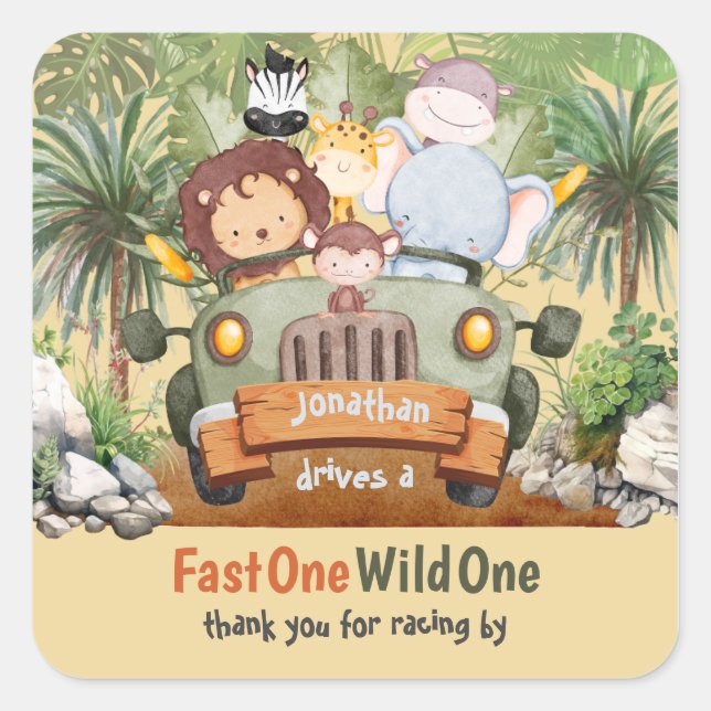 Fast One Wild One Safari Animals Car 1st Birthday Square Sticker (Front)