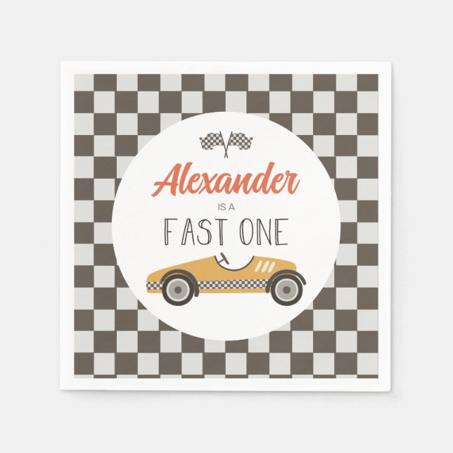 Fast One yellow Race Car Birthday Napkin (Front)