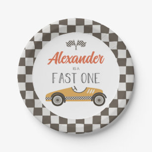 Fast One yellow Race Car Birthday Paper Plates