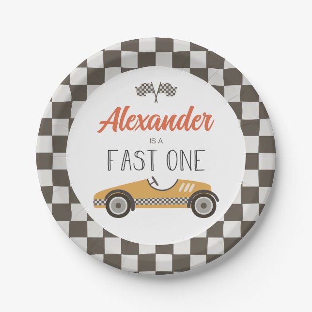 Fast One yellow Race Car Birthday Paper Plates (Front)