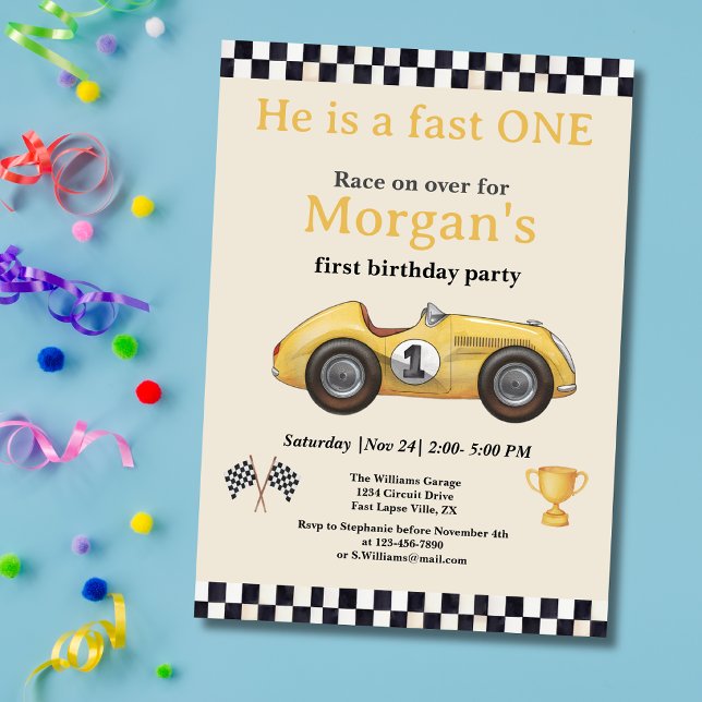 Fast One Yellow Race Car Kids First Birthday Party Invitation (Creator Uploaded)