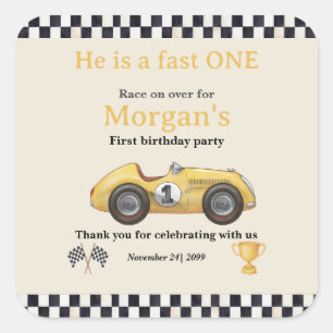 Fast One Yellow Race Car Kids First Birthday Party Square Sticker