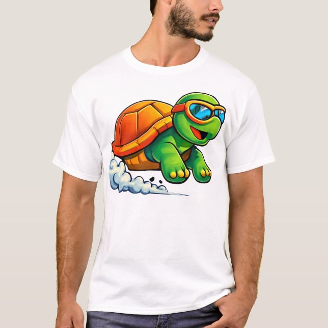 Fast Racing Turtle Cartoon Design T-Shirt (Front)