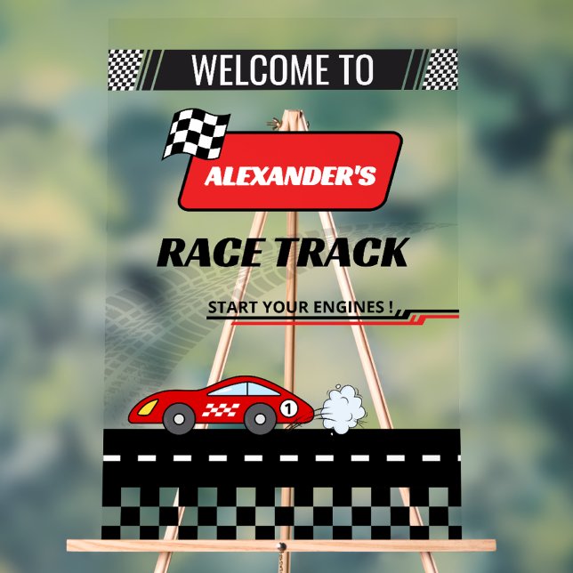 Fast retro red car race track boy birthday welcome acrylic sign (Creator Uploaded)