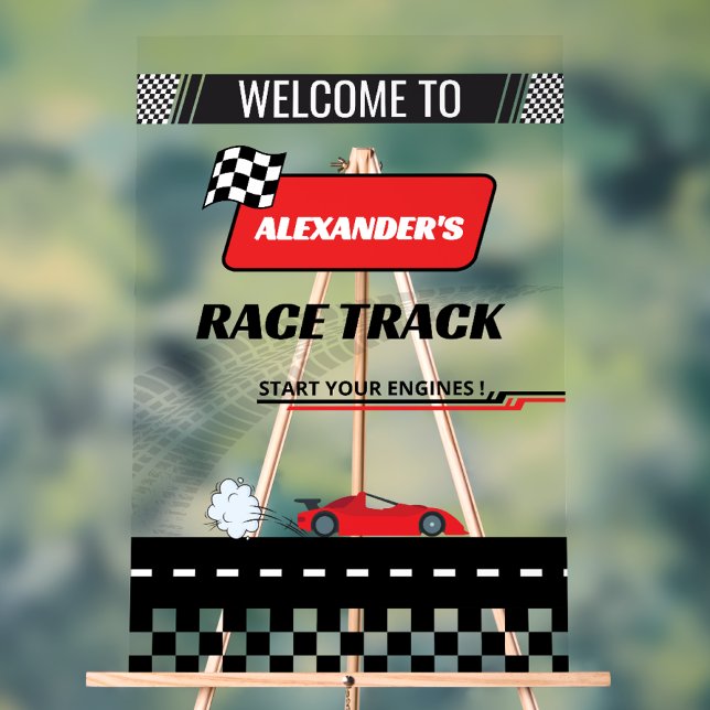 Fast retro red car race track boy birthday welcome acrylic sign (Creator Uploaded)