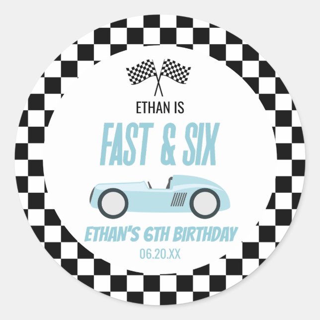 Fast & Six Blue Race Car 6th Birthday Party Classic Round Sticker (Front)