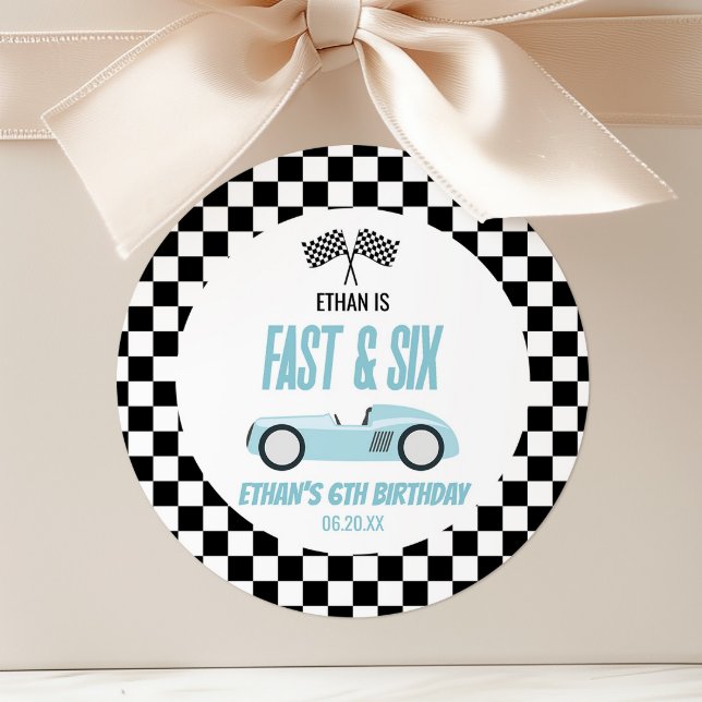 Fast & Six Blue Race Car 6th Birthday Party Classic Round Sticker (Creator Uploaded)