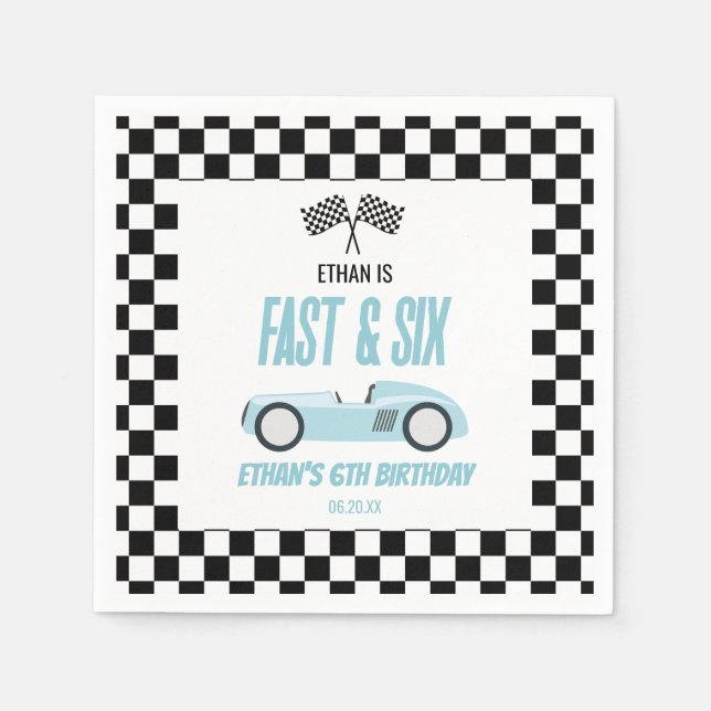 Fast & Six Blue Race Car 6th Birthday Party Napkin (Front)