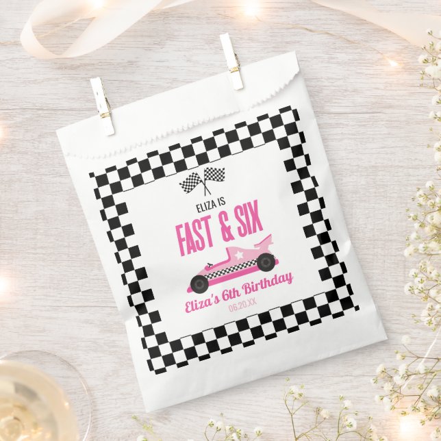 Fast & Six Pink Race Car 6th Birthday Party Favour Bags (Clipped)