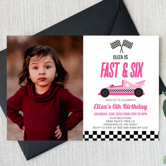 Fast & Six Pink Race Car 6th Birthday Party Invitation (Creator Uploaded)