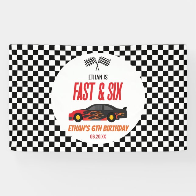 Fast & Six Red Flame Race Car 6th Birthday Party Banner (Horizontal)