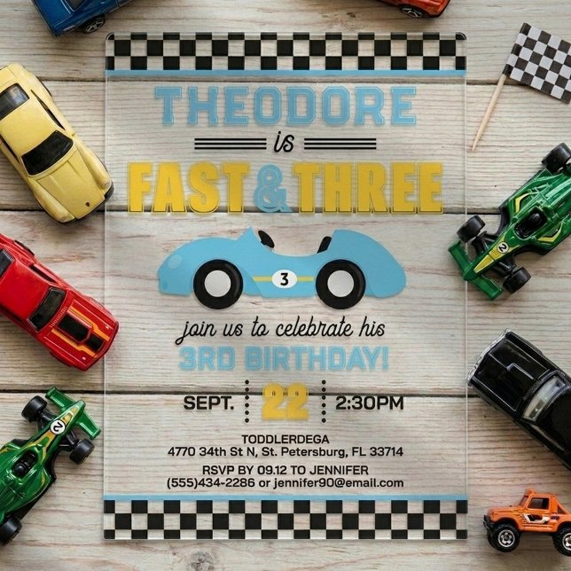 Fast & Three Race Car 3rd Birthday Acrylic Invitations (Creator Uploaded)