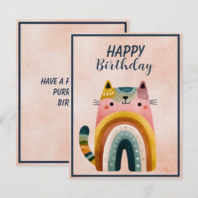 Fat Abstract Cat Happy Birthday Flat Note Card (Front/Back)