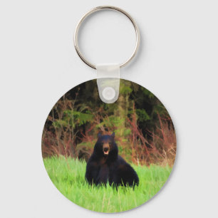 Fat Black Bear and Wild Grasses Wildlife Art Key Ring