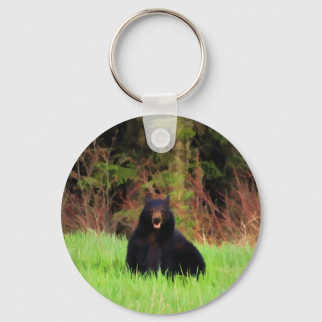 Fat Black Bear and Wild Grasses Wildlife Art Key Ring (Front)