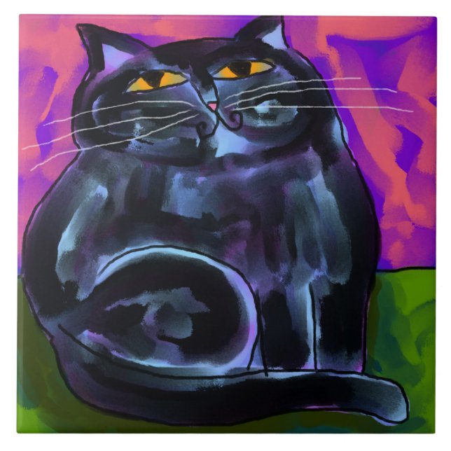 Fat Black Cat Abstract Digital Painting Tile (Front)