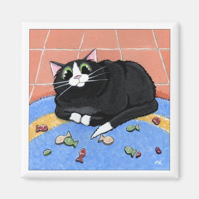 Fat Cat and a Rug of Fish Biscuits | Cat Art Magnet (Front)