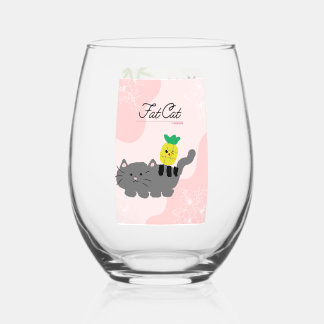 Fat Cat and Moon Cookie Stemless Wine Glass, Set Glass