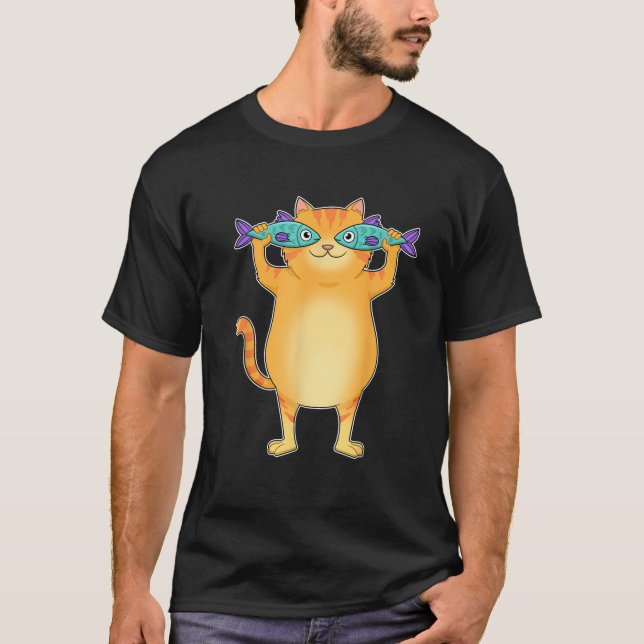 Fat Cat Catching Fish Fishy Eyes Pet Kitty Lovers  T-Shirt (Front)