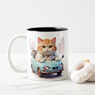 Fat cat Driving a car with a coffee cup