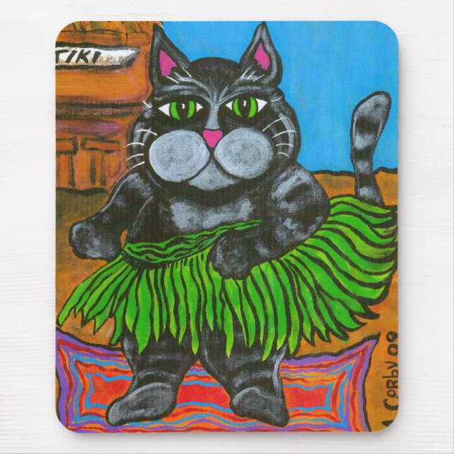 Fat Cat in a Hula Skirt at a Tiki Bar mousepad (Front)