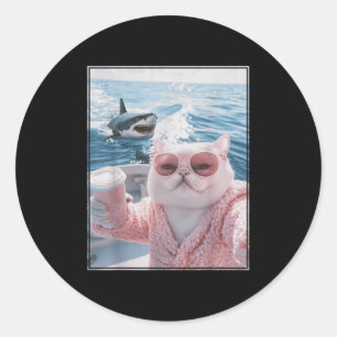 Fat Cat On A Yacht Boat With Shark Cool Funny Cat Classic Round Sticker
