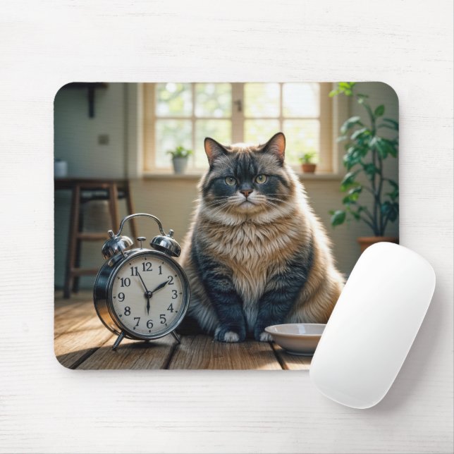 Fat Cat Waiting By an Empty Food Bowl Mouse Mat (With Mouse)