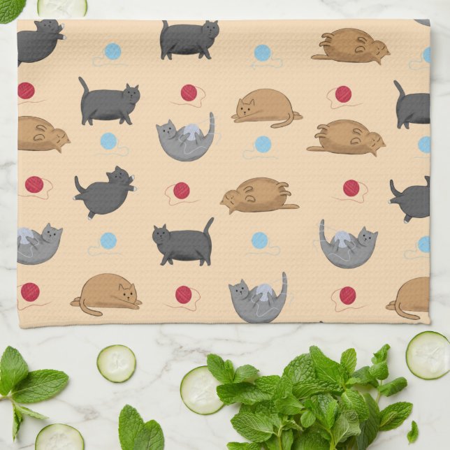 Fat Cats Pattern on Beige Tea Towel (Folded)