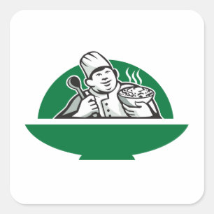 Fat Chef Cook Holding Bowl Spoon Retro Square Sticker