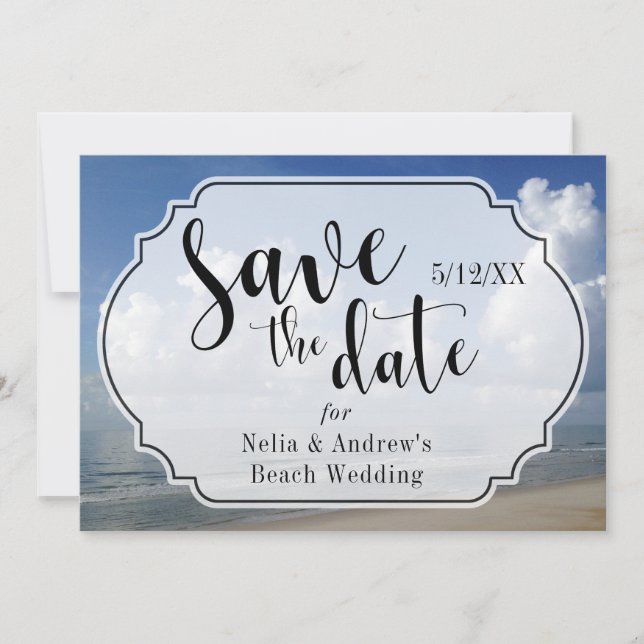 Fat Clouds Over Beach Photo w/ Badge Save the Date (Front)