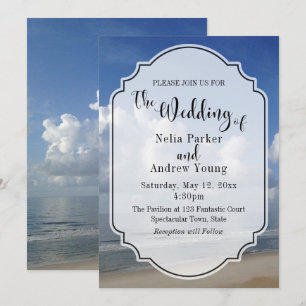 Fat Clouds Over Beach Photo w/ Badge Wedding 2 Invitation