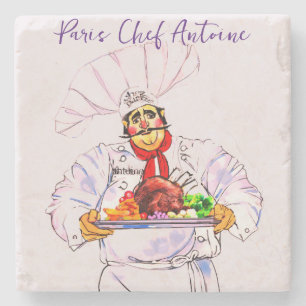 Fat French Chef Antoine Serving on Silver Platter Stone Coaster