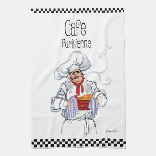Fat French Chef Caricature Black White Checks Tea Towel
