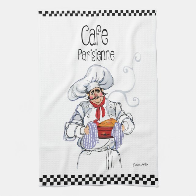 Fat French Chef Caricature Black White Checks Tea Towel (Vertical)