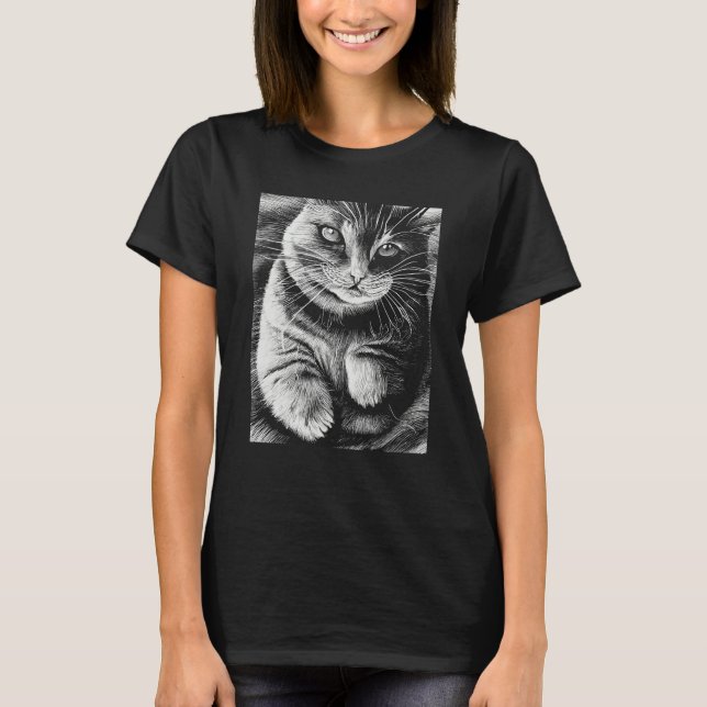 Fat Gray Cat Monochrome Kitten T-Shirt (Front)
